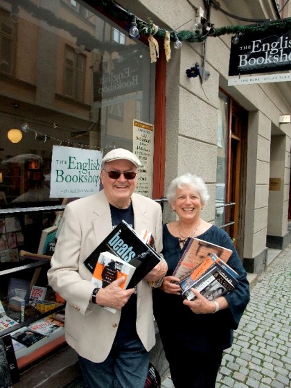 Ann Charters,  Sam Charters outside The Bookshop in Gamla Stan Stockholm