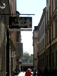 The English Bookshop sig hangin over the new bookshop in Stockholm Old Town